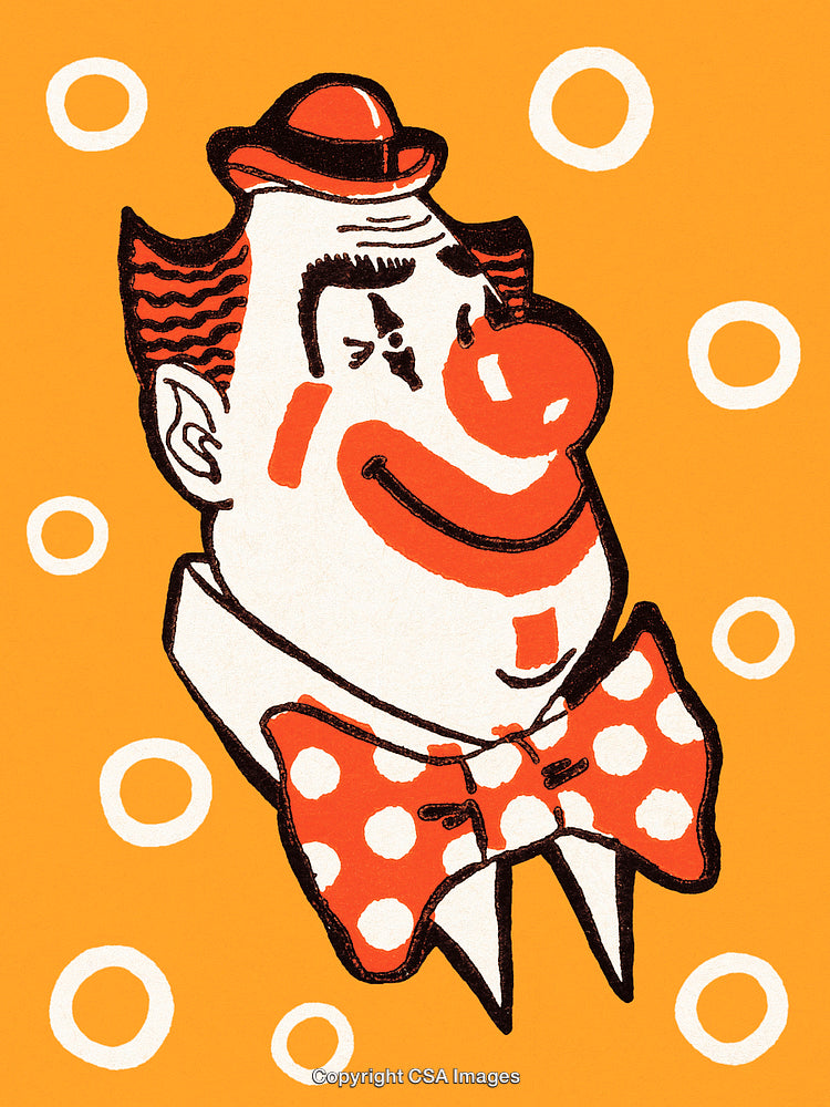 Illustration of a Smiling Clown with Polka Dot Bowtie and Hat