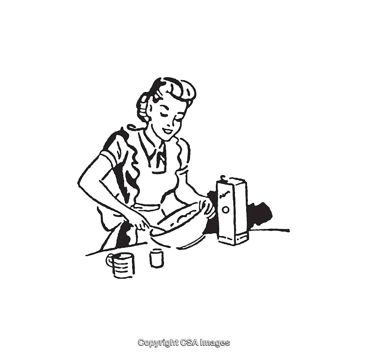 Vintage Illustration of a Woman Preparing Ingredients for Baking in Kitchen