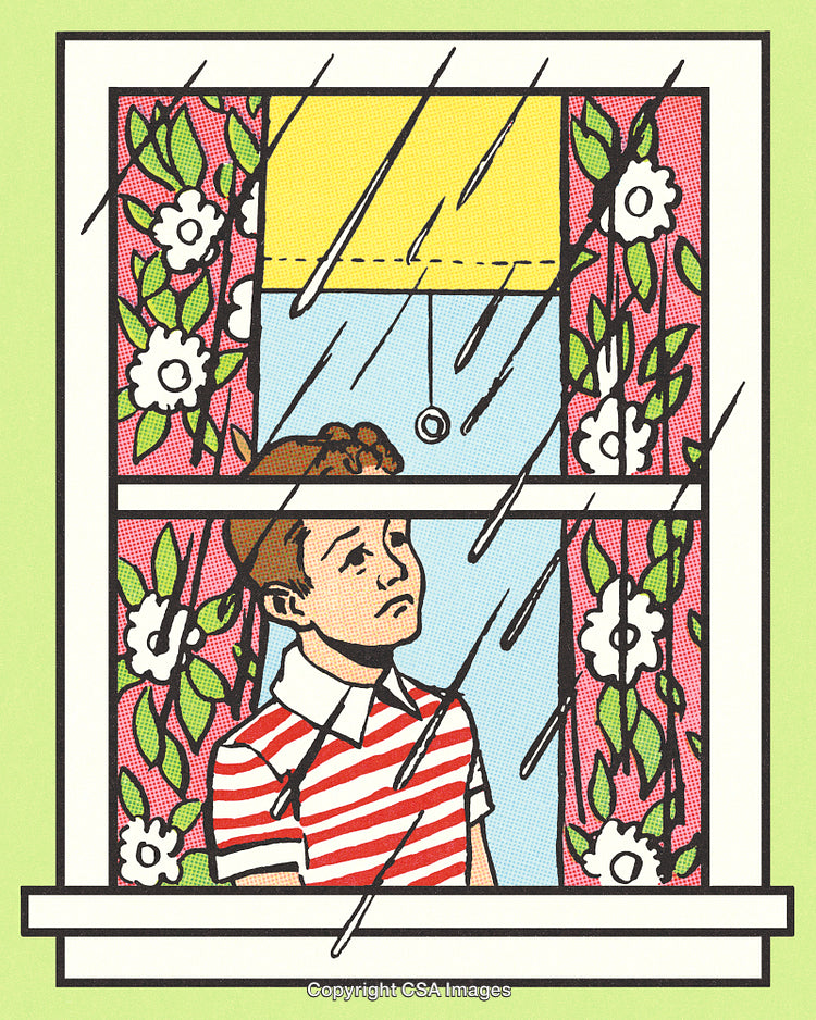 Child Looking Outside the Window on a Rainy Day with Flowered Curtains