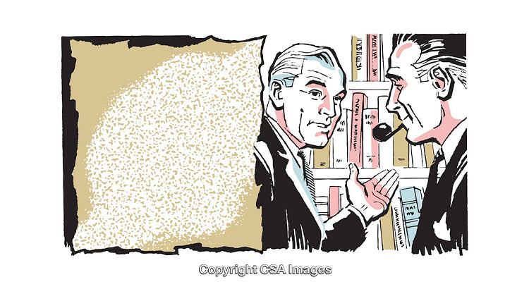 Vintage Illustration of Two Men Conversing in a Library Setting