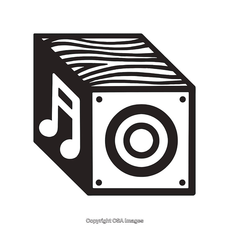Black and White Line Art Illustration of a Speaker with Musical Notes