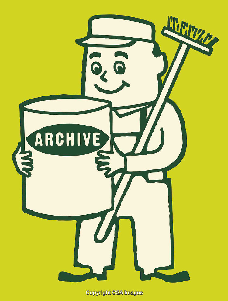 Vintage Cartoon Illustration of Janitor Carrying Archive Storage Box