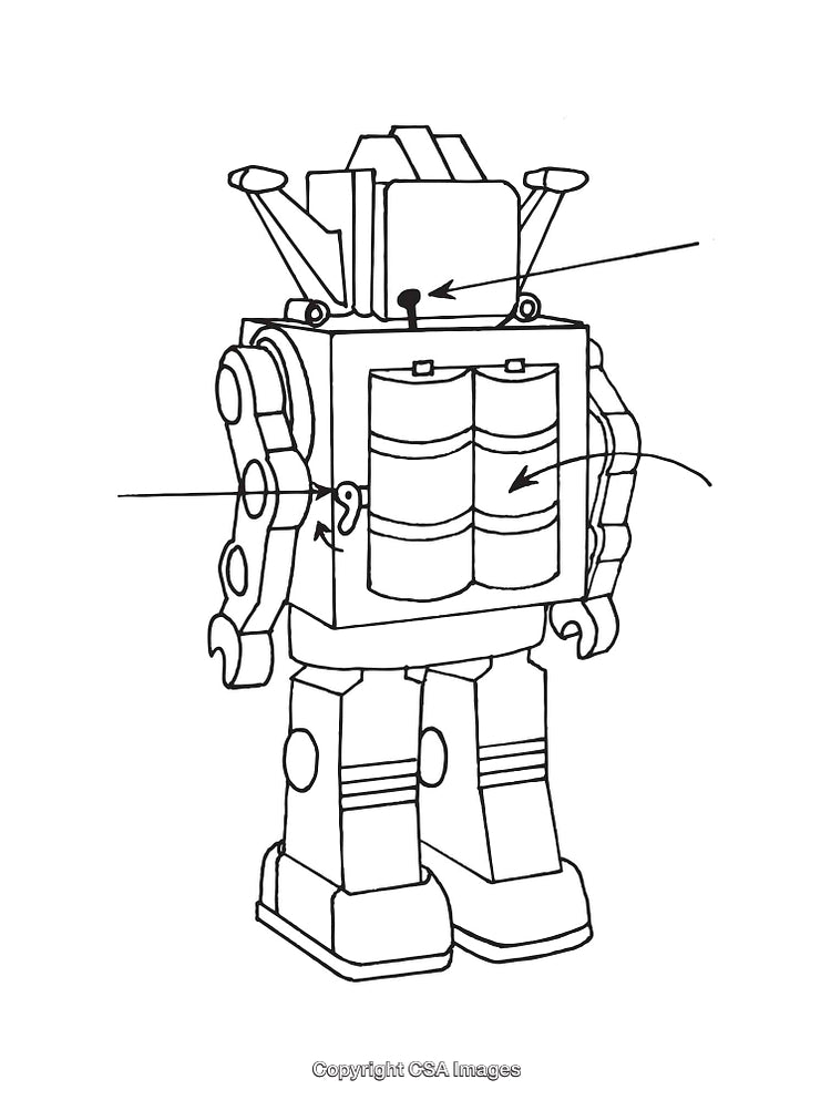 Detailed Black and White Robot Diagram with Battery Indicators