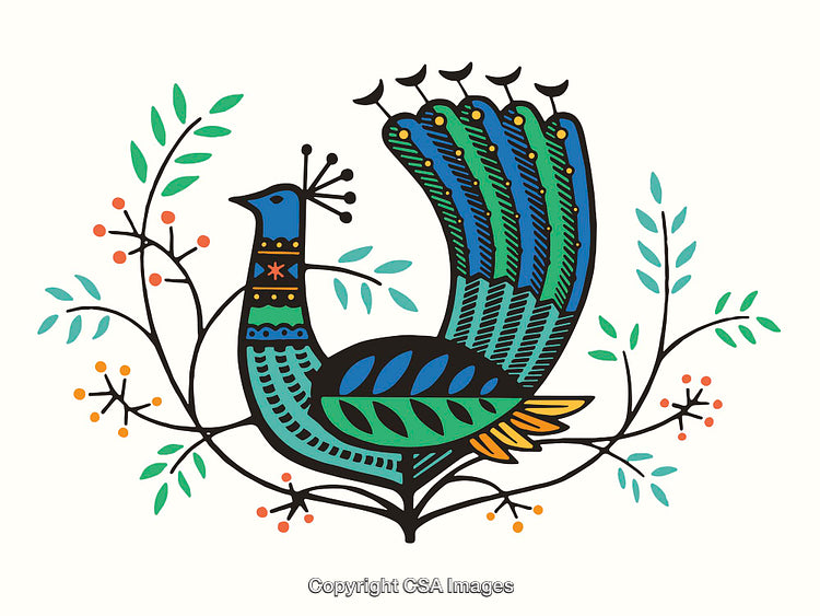 Colorful Line Art Illustration of a Stylized Peacock with Decorative Flora