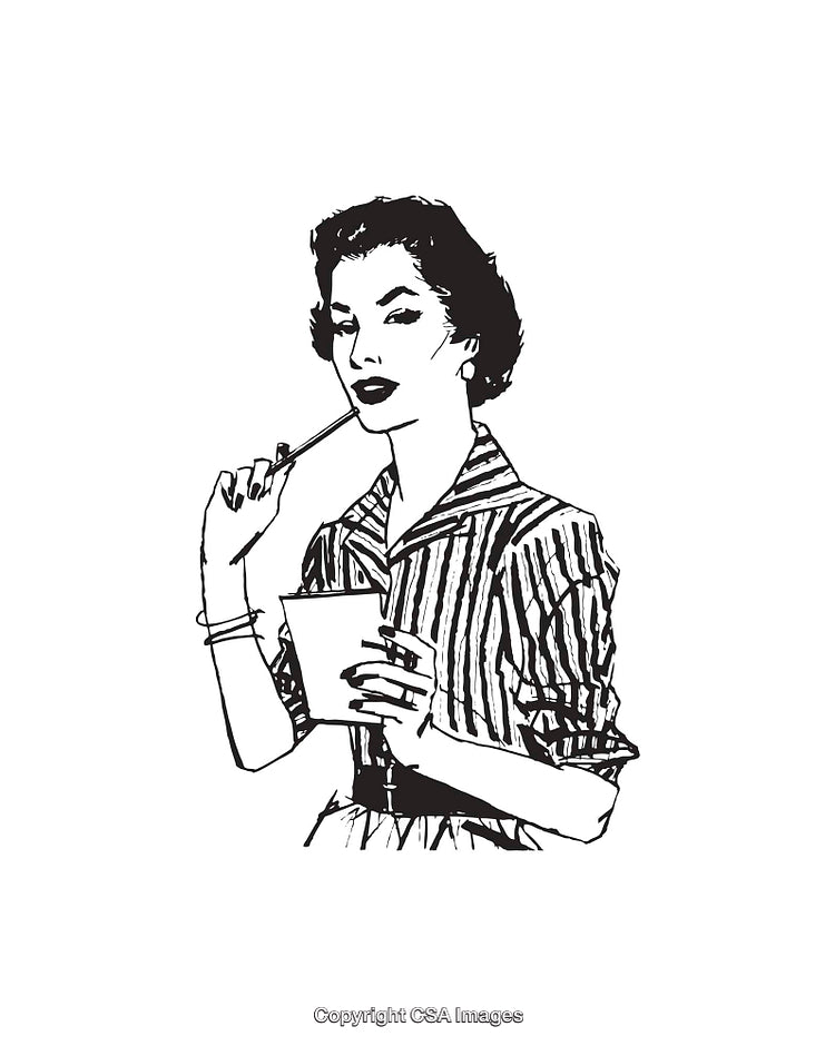 Retro Line Art Illustration of a Woman Holding a Beverage Cup