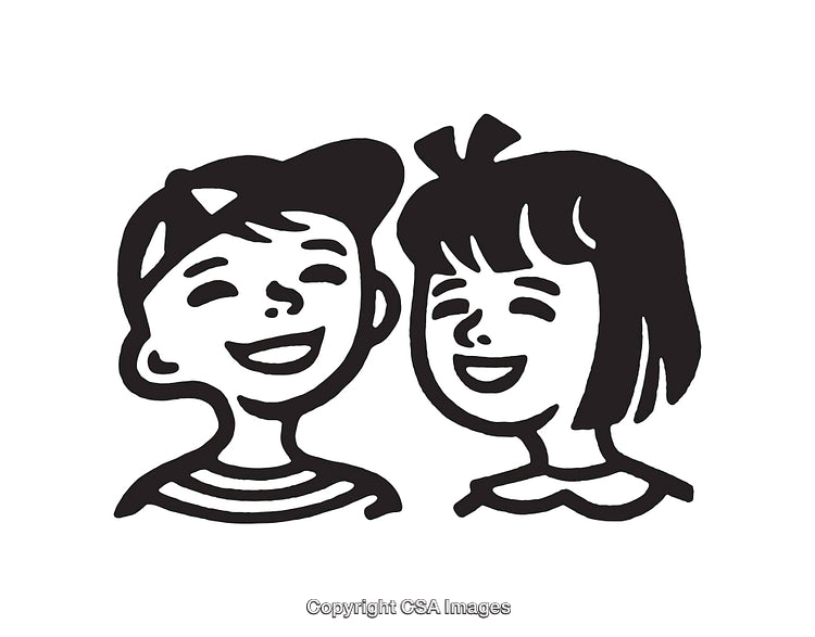 Happy Children Smiling In Vintage Black And White Line Drawing Style