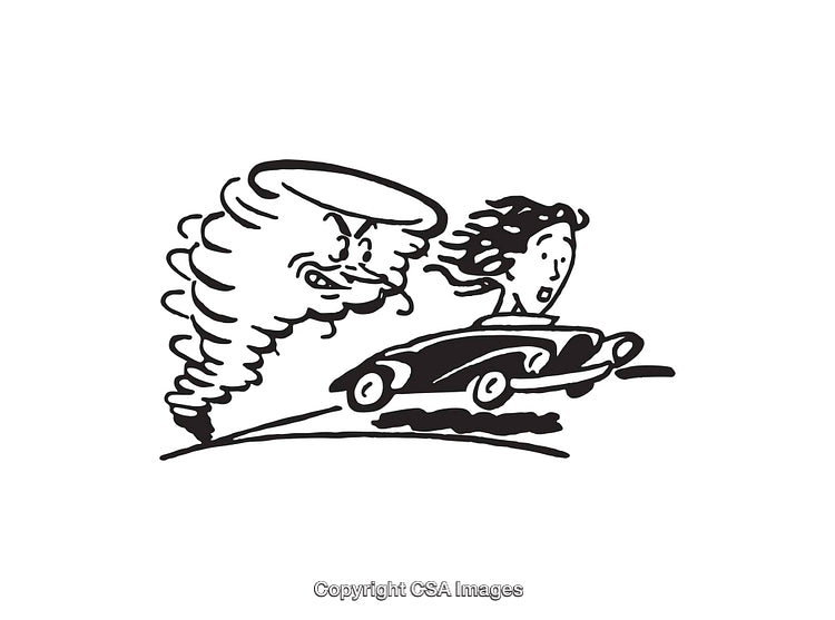 Illustration of a Car Chased by a Personified Tornado in Motion