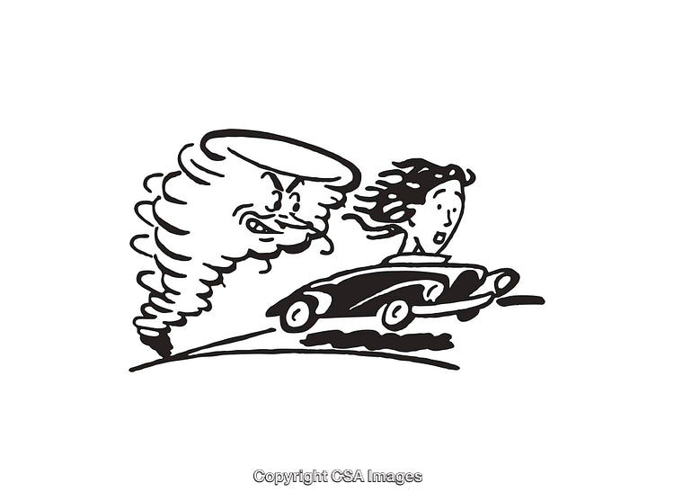 Illustration of a Car Chased by a Personified Tornado in Motion