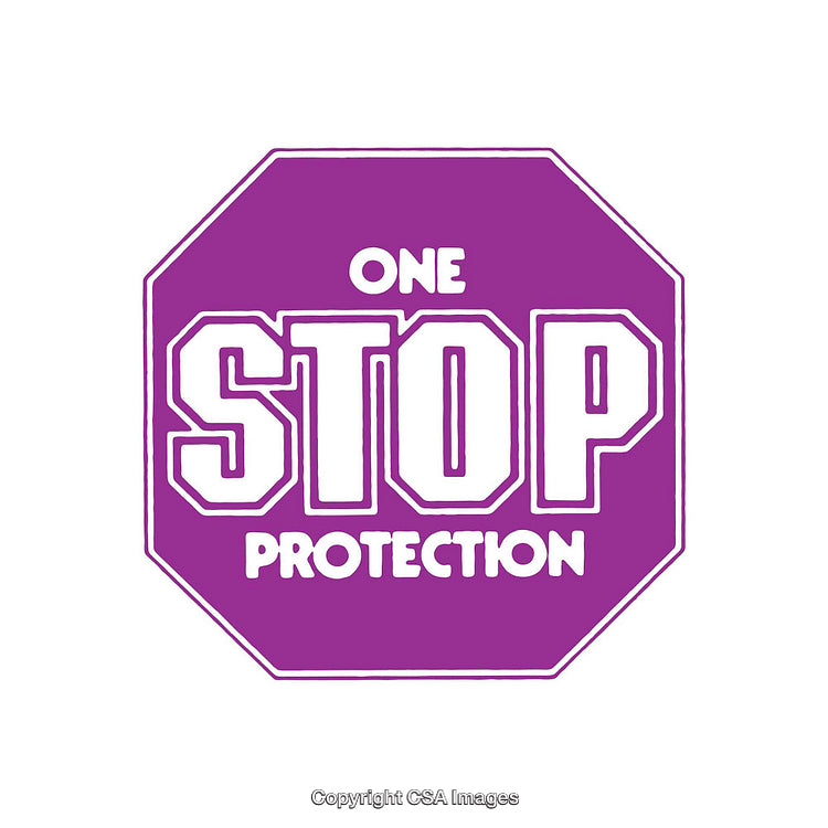 Purple Octagon-Shaped Design Featuring Bold Text Emphasizing Protection