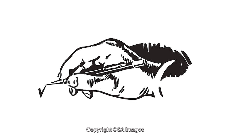 Detailed Black And White Illustration of a Hand Writing on Paper