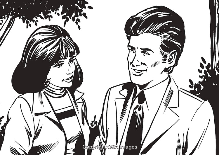 Vintage Illustration of a Couple in Conversation in Black and White Style