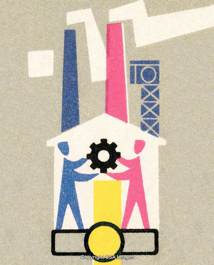 Illustrated Workers Collaborating in a Factory Setting with Gear Symbolism