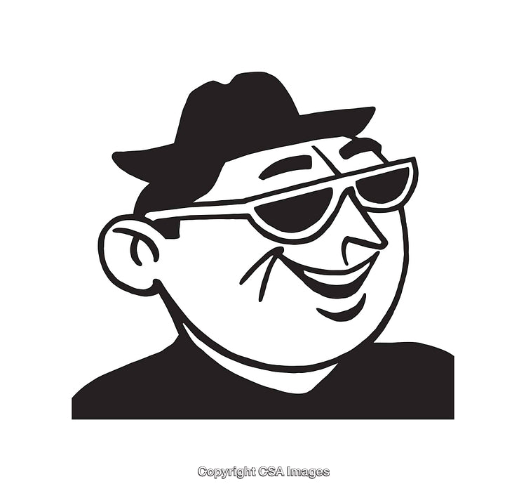 Black and White Line Art of a Man Wearing Sunglasses and a Hat