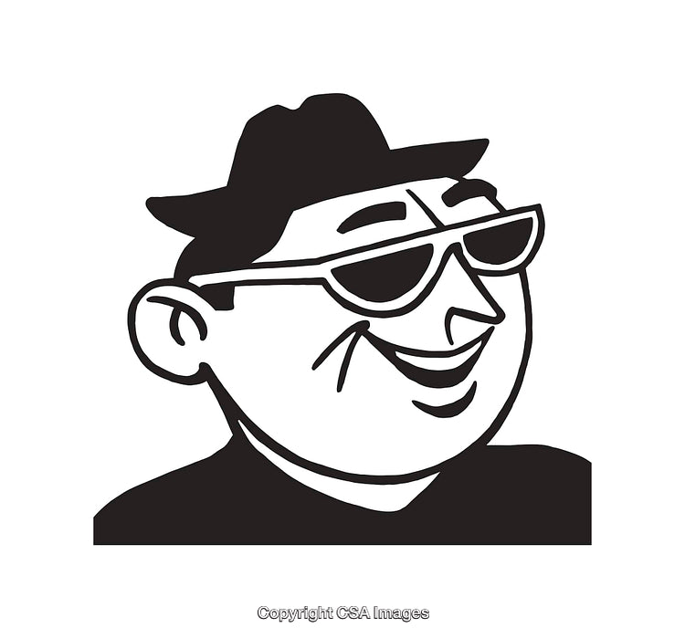 Black and White Line Art of a Man Wearing Sunglasses and a Hat