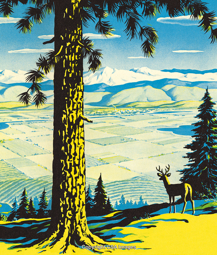 Scenic Forest View with Deer and Snow-Capped Mountains Under a Vibrant Sky