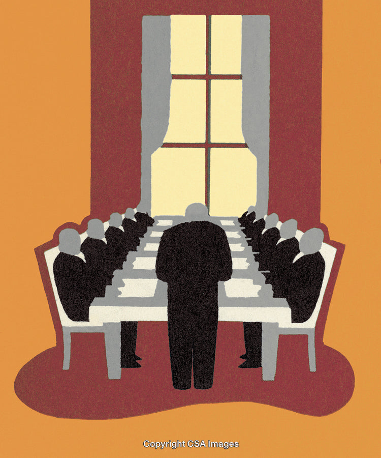 Business Meeting Illustration Featuring Silhouetted Figures in a Formal Setting