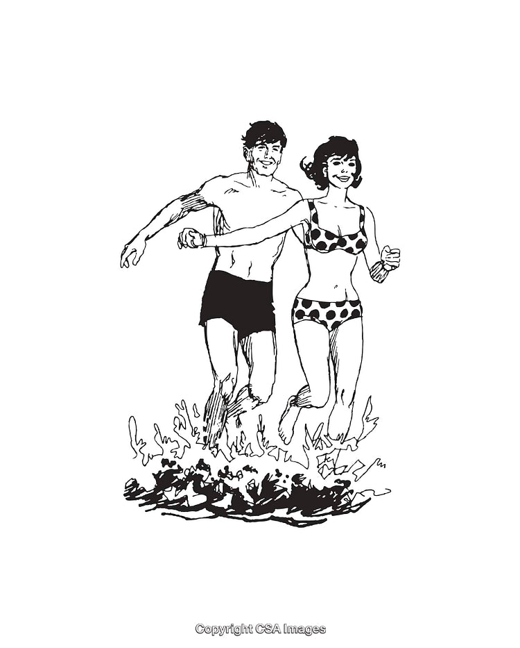 Couple Running Happily Along the Beach in Swimwear Line Art