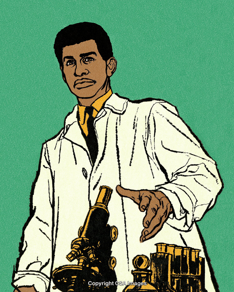 Scientist Standing in Laboratory with Microscope and Equipment