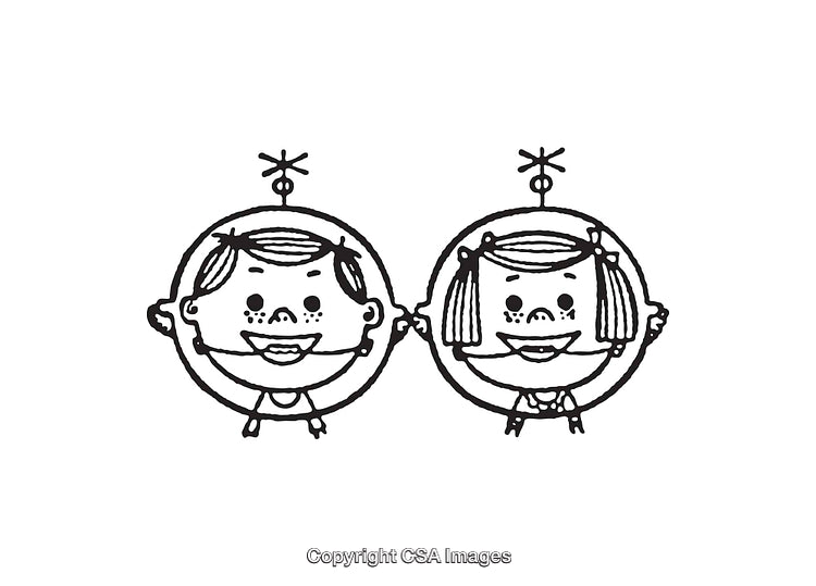 Retro Style Black and White Line Art Illustrations of Kids