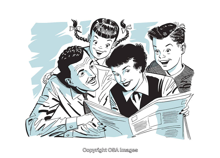 Retro Style Family Enjoying Newspaper Together in Graphic Illustration