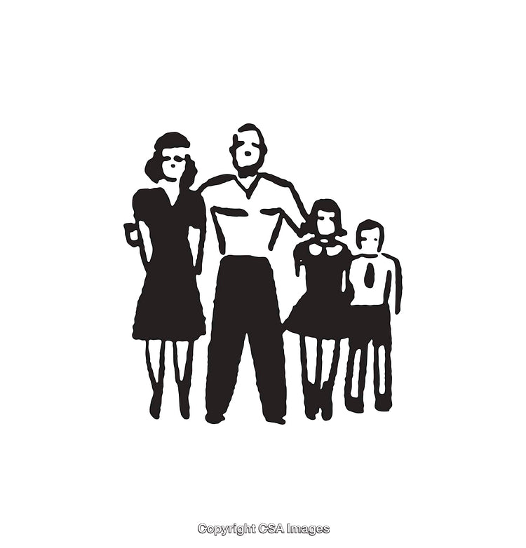 Black and White Family Line Art, Parents with Children