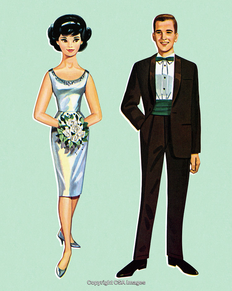 Vintage Illustration of a Formal Couple in Elegant Evening Attire