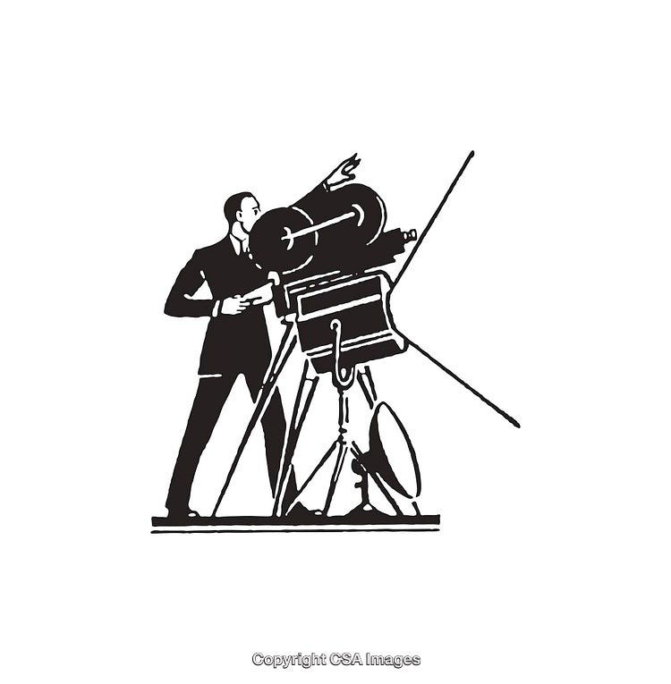Vintage Film Director Operating a Camera in Black and White Design