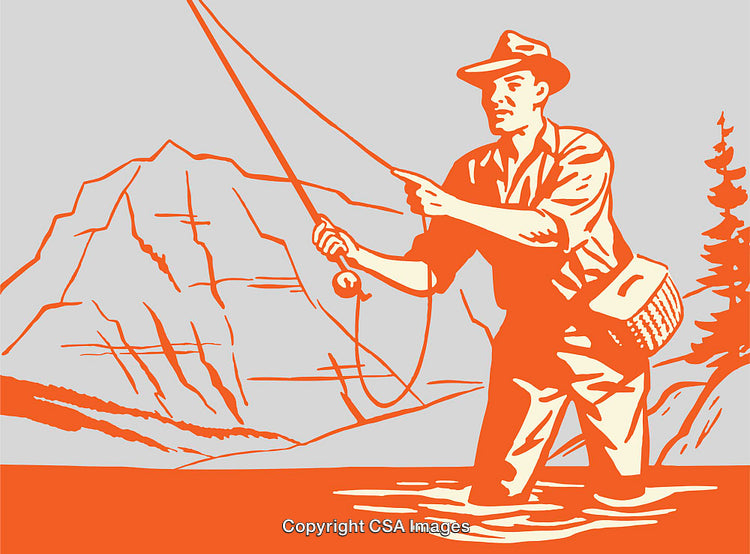 Vintage Illustration of a Fisherman Fly Fishing in a Scenic Mountain Setting
