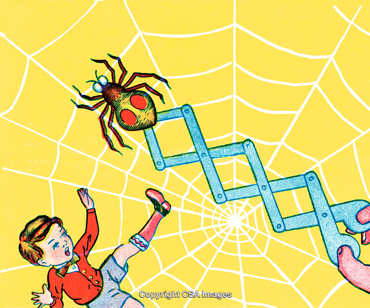 Whimsical Illustration of Boy Falling into Spider Web with Playful Elements