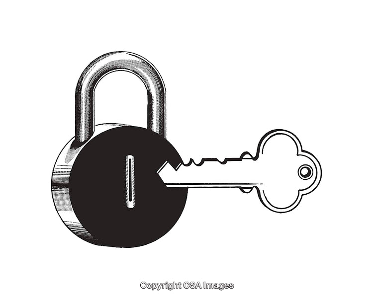 Black and White Illustration of a Padlock and Key Combination