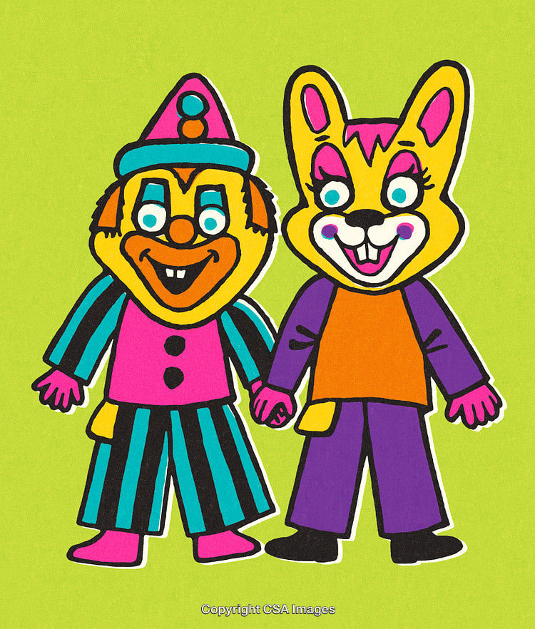 Colorful Cartoon Characters Holding Hands on a Bright Green Background