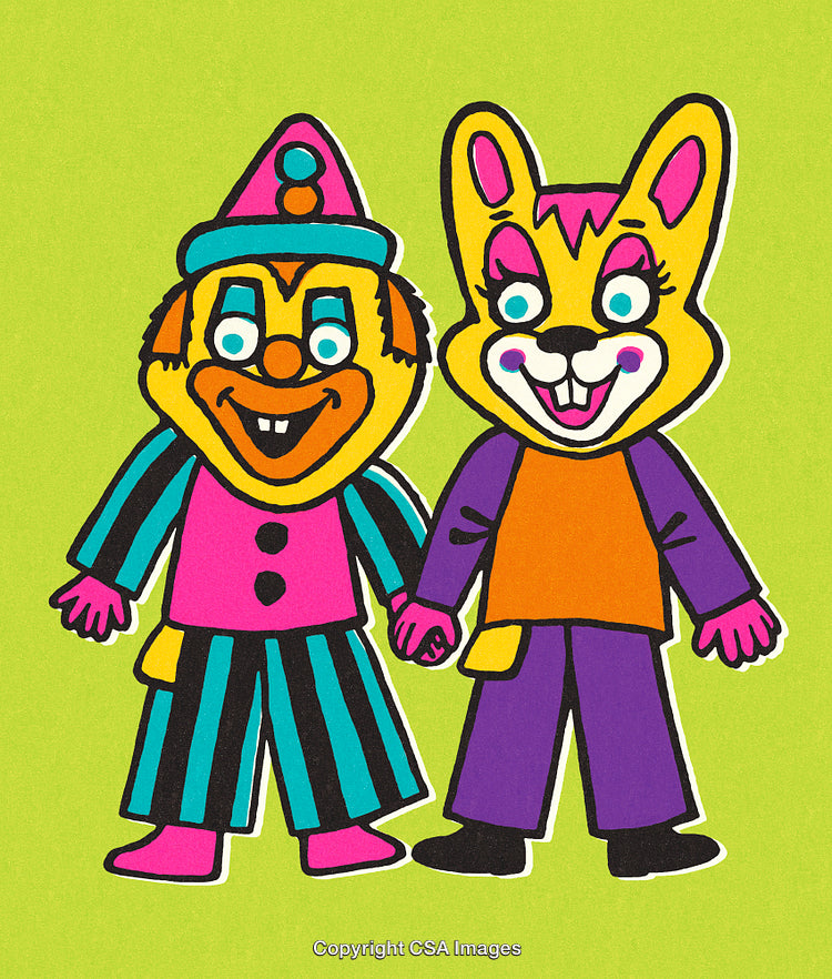 Colorful Cartoon Characters Holding Hands on a Bright Green Background