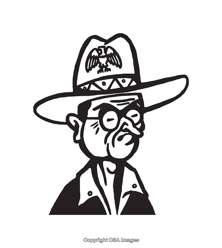 Black and White Line Art of a Character Wearing a Hat and Glasses