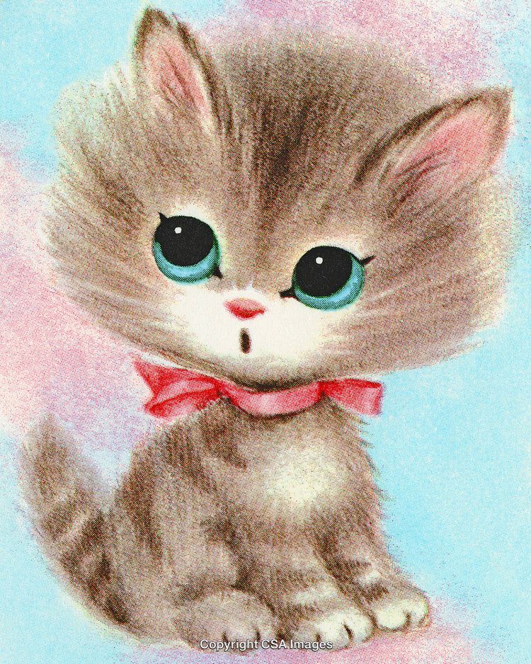Vintage Styled Illustration of a Cute Kitten with a Bow