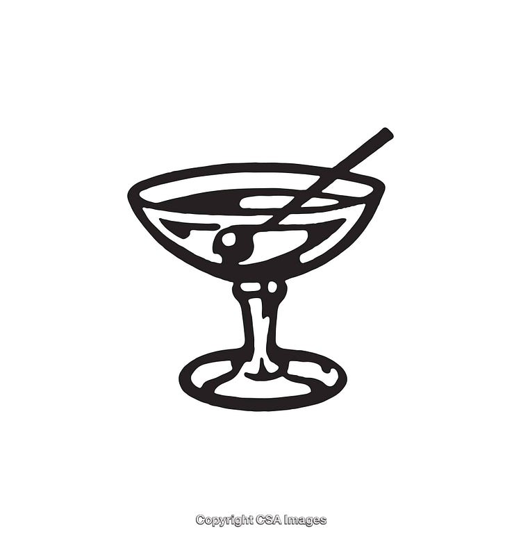 Black and White Line Art of Cocktail Glass and Stirring Stick