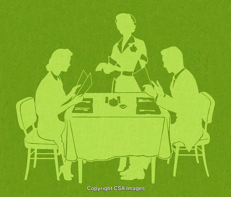 Retro Styled Illustration of Dining People and Waitress in Green Hue