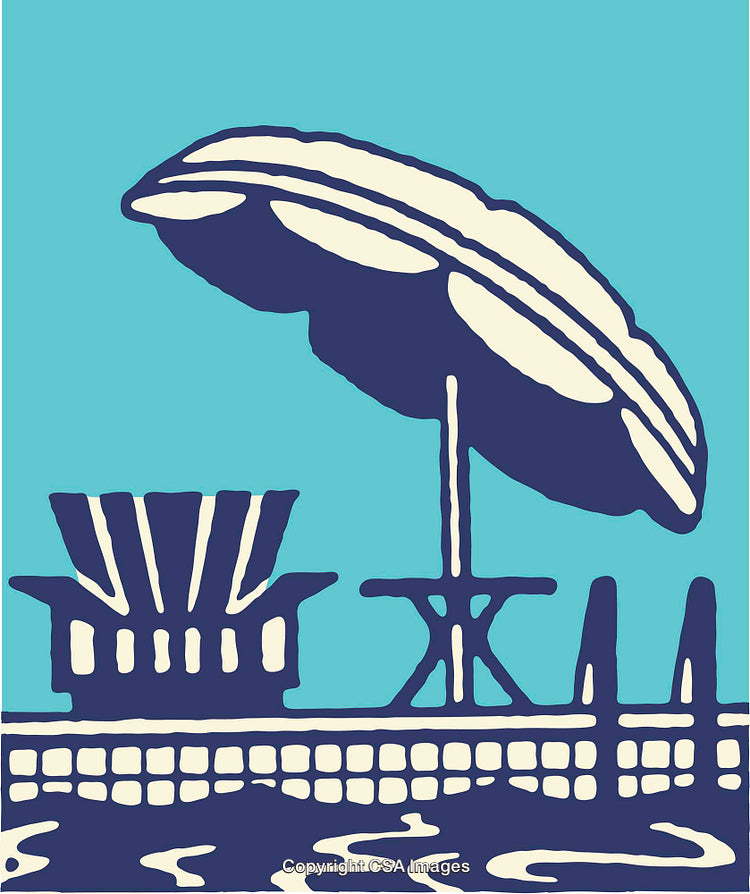 Colorful Illustration of Poolside Umbrella and Chair in Retro Style