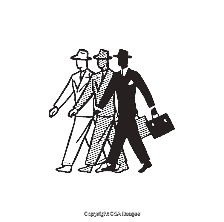 Illustration of Three Walking Businessmen in Vintage Black and White Line Art
