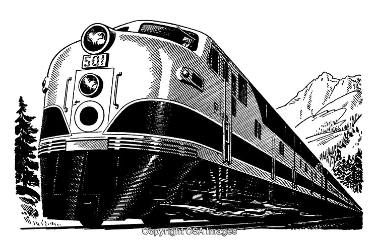 Vintage Illustration of a Locomotive Train in Engraved Style Traversing Nature