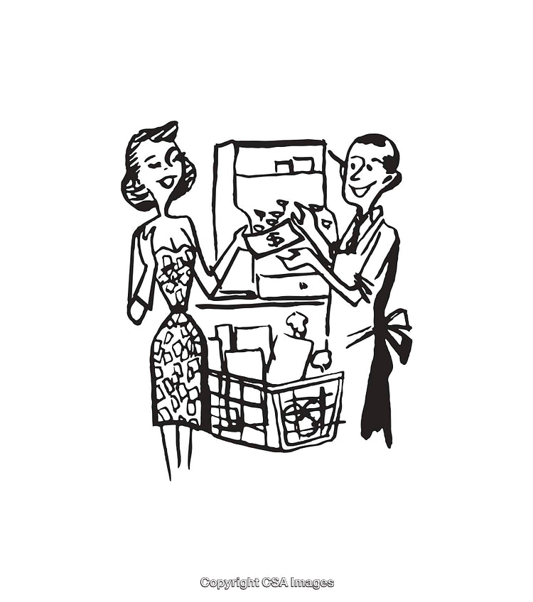 Retro-Style Line Art of Shopping Interaction at Checkout Counter