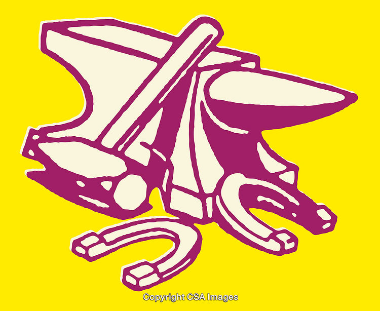 Vibrant Illustration Featuring An Anvil and Horseshoes in Stylized Design