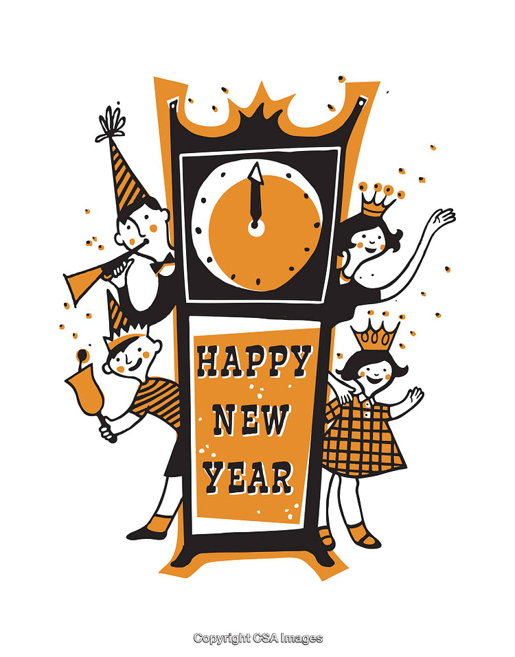 Festive New Year's Celebration Illustration with Cheerful Characters and Clock