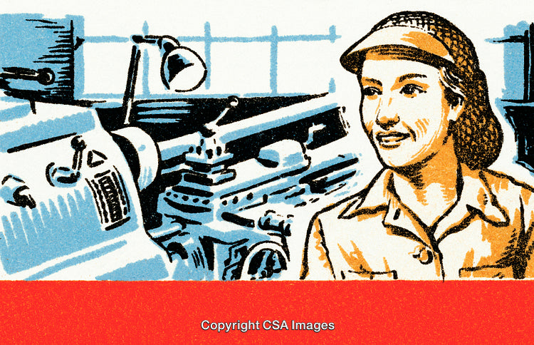Vintage Illustration of a Smiling Woman in a Factory Setting