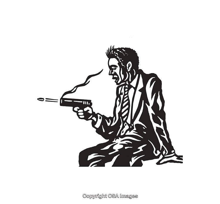 Illustration of Businessman in Suit Displaying Intense Expression Holding a Smoking Gun