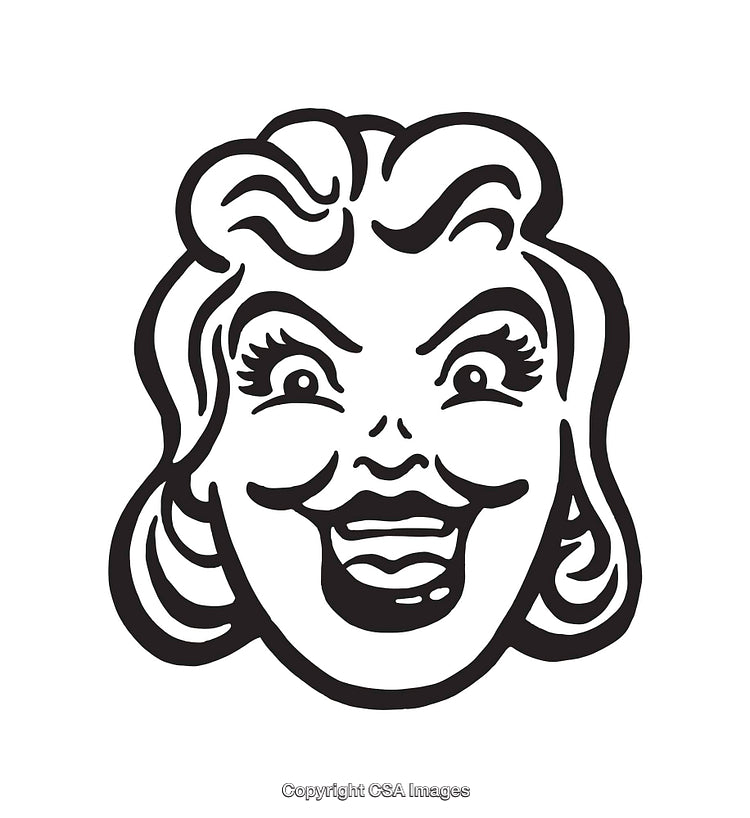 Retro Style Black and White Smiling Woman Line Art Illustration