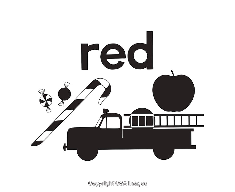Black and White Illustration with Red-Themed Items and Objects