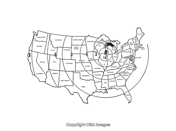 Black and White Diagram Map of United States with Regional Markings