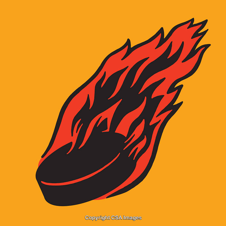 Flaming Hockey Puck Illustration with a Bold Orange Background