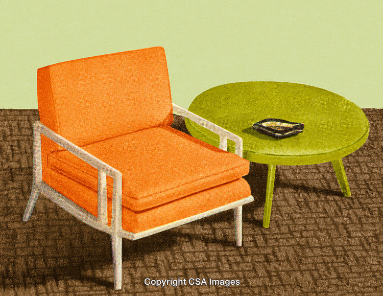 Retro Orange Chair with Green Table and Mid-Century Style Design