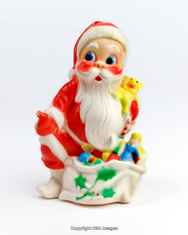Vintage Plastic Santa Figure Holding Gift Bag and Toys